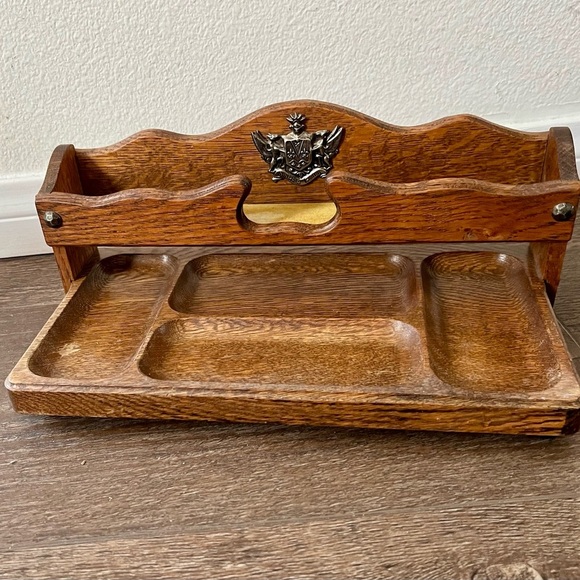 Vintage Wooden Desk Organizer with Eagle Emblem - Picture 1 of 13
